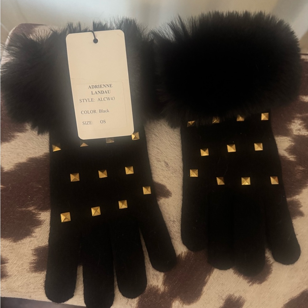Adrienne Landau Black Gloves with Gold Studs